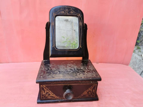 OLD ANTIQUE PRIMITIVE WOODEN HAND MADE DRAW CABINET MIRROR TOILET LOCKER make up Cover