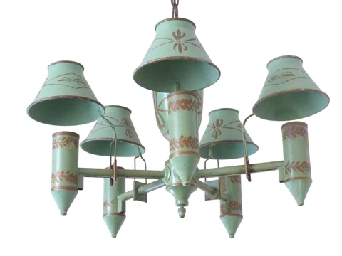 French Antique Chandelier Quinquet 5 Lights Painted Tole 19TH Directoire Empire Cover