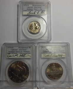 3 MONETE 1976-D, EDIZIONE ARTISTA. DOLLARO, MEZZO DOLLARO E QUARTO NUMERO MOLTO BASSO - Foto 1 di 5