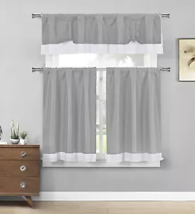 Grey Tie Up Solid Textured Design w/White Border Kitchen Curtains 3 Piece Set - Picture 1 of 1