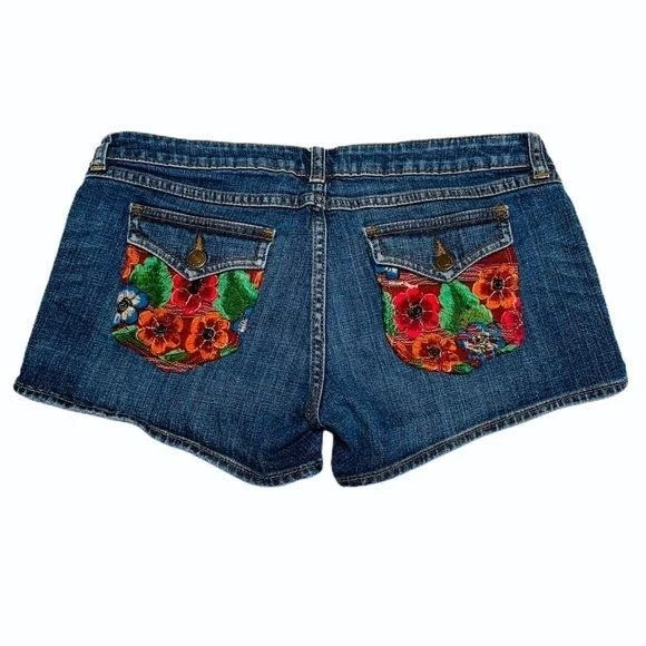 OOAK Embroidered Guatemala Huipil Pocket Jean Shorts - Image 1 of 4