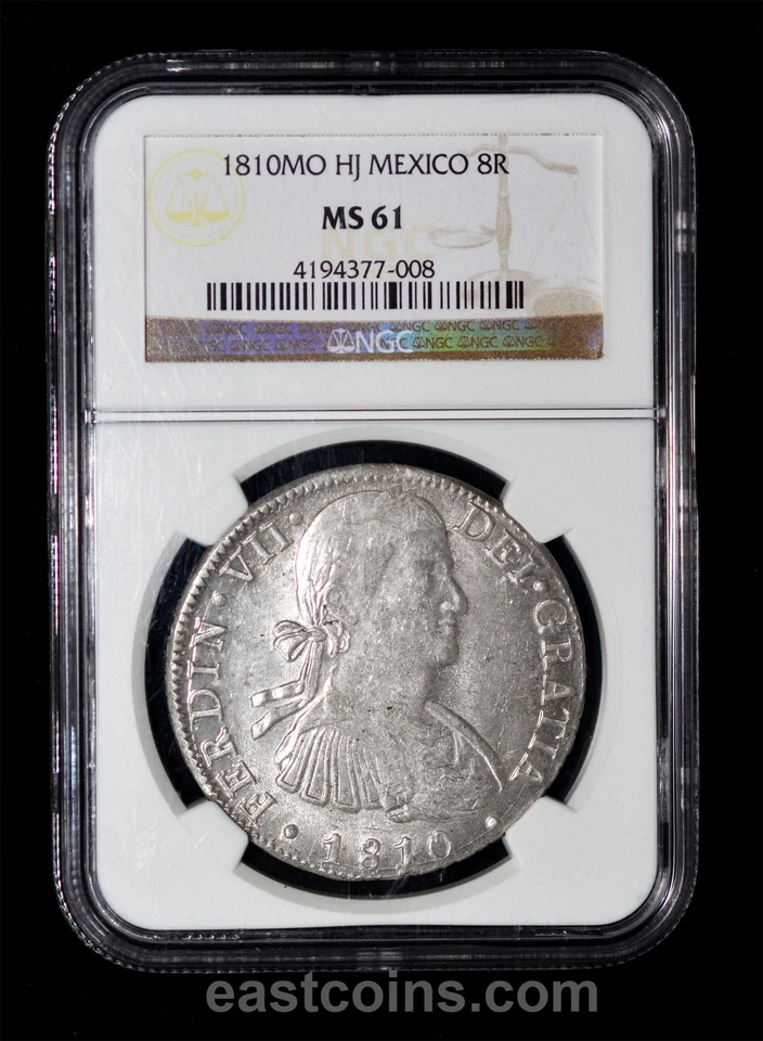 NGC MS61 1810 Mo-HJ México Ferdinand VII prata 8 reais - Imagem 1 de 4