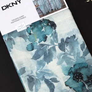DKNY Aquarell Leinen TRANSPARENT 2 Fenster Vorhänge Paneele Floral türkis blau grau 50x84 - Bild 1 von 8