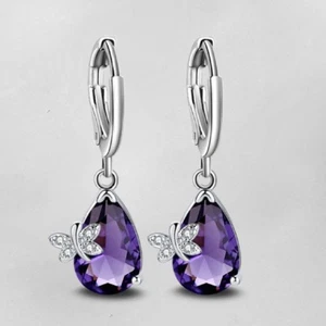 Butterfly Mystical Purple Amethyst Gemstone Silver Dangle Hook Earrings Jewelry - Picture 1 of 6