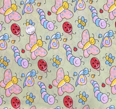 Tela de algodón rosa mariposas azul púrpura caracoles dama insectos en verde claro Foto 1 de 2