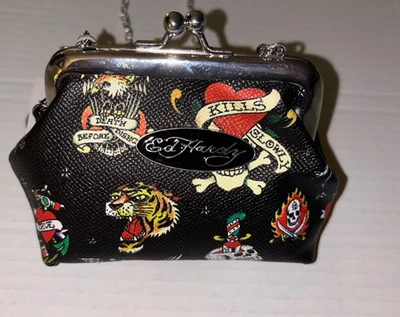 Ed Hardy Black Coin Faux Leather Bag Kisslock Pouch Chain Shoulder Strap Skull - Image 1 of 4