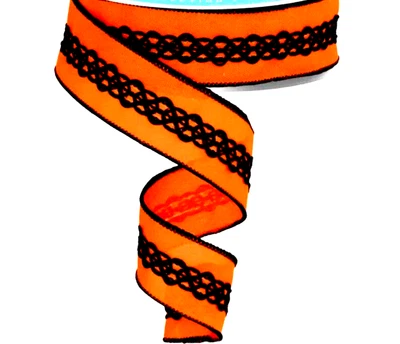 Halloween Black on Orange 1.5" by 2 yd Wired Ribbon Canvas with Cording Design - Image 1 of 2