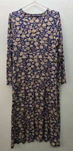 M&S Maxi Dress Womens Size 16 Blue Brown Floral Print Stretch Flare Long Sleeve - Picture 1 of 7