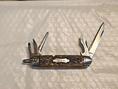 VINTAGE CAMILLUS 4 LINE STAMP BONE USA MILITARY SCOUT CAMP KNIFE Great Snap - Image 1 of 4
