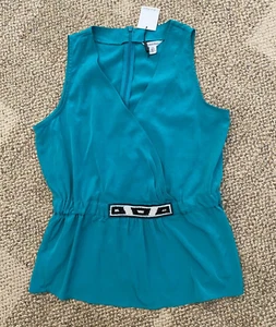 Calvin Klein Top Shirt Blouse Sleeveless Beaded V Neck Teal Women'sMedium - Picture 1 of 2