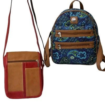 Lot 2 Stone Mountain Backpack Quilted Paisley & Pampeana Lether Crossbody Purse - Image 1 of 4