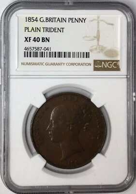 1854 Great Britian Plain Trident Penny NGC XF40 BN # - Image 1 of 4