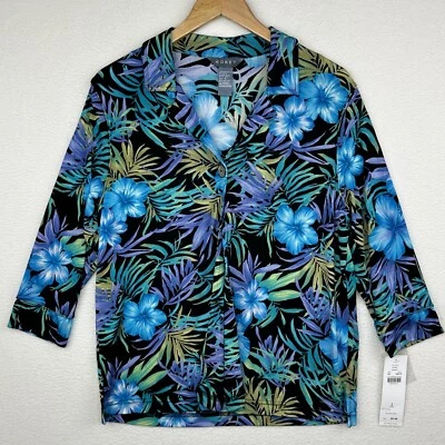 NOS Koret 尺寸小号夏威夷花卉上衣哈瓦那纽扣胸部开放式海军弹力 — 第 1/4 张图片