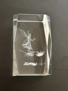 Laser 3D Cut Crystal Paperweight Fairy Riding Dragonfly Pixie Dust Lotus Flower - Picture 1 of 8