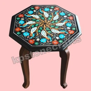 12" Black Marble Side Table Top with Peacock Design Inlay Art - Picture 1 of 8