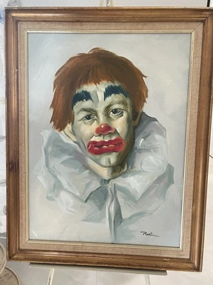 Vintage Sad Clown Oil Painting On Canvas Signed Rant Framed 19 X 23 Creepy - Image 1 of 4
