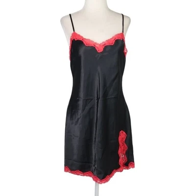 Vintage Y2K Victoria's Secret black satin red lace mini slip dress M - Image 1 of 4