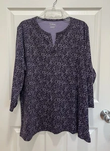 LL BEAN Womens Size 2X Purple Floral Cotton Split Neck Tunic Top 3/4 Sleeve - Picture 1 of 7