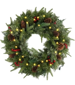 National Tree Christmas Wreath Pre-lit 24 inch with 50 Light & Pine Cone Battery - Picture 1 of 5