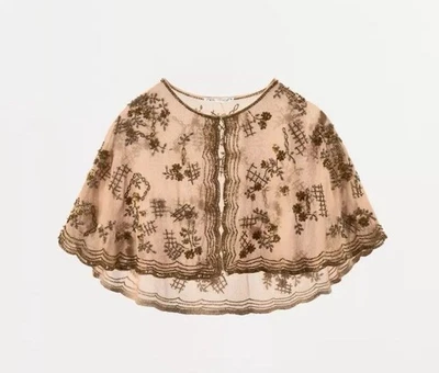 ZARA  Beaded Embroidered Chiffon Cape, XS-S, Peach, NWT - Image 1 of 4