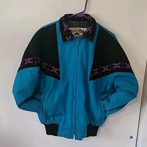 VTG Western Frontier Aztec Turquoise Blanket Lined Zip Jacket Sz M Cowboy Coat - Picture 1 of 11