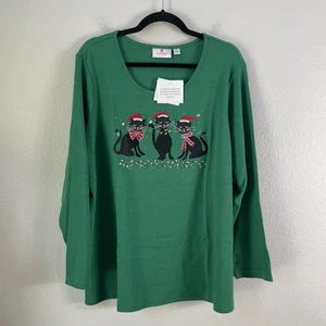 Quacker Factory Shirt Womens 1X Green Christmas Cats Santa Hat Embellished Top - Picture 1 of 7