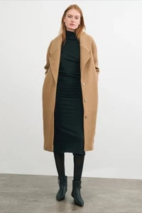 Abrigo de Lana Italiana Marcella NYC Elizabeth Talla M Camel Tostado Gran Tamaño Cuadrado Forrado - Imagen 1 de 15
