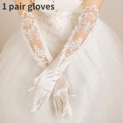 Hochzeit Braut Lange Handschuhe Stickerei Pailletten Blumen Voll Finger Satin - Bild 1 von 4