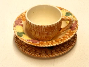 Ceramic Basket Matching Tea Cup Small Bowl And Saucer 3 Piece Set - Picture 1 of 4