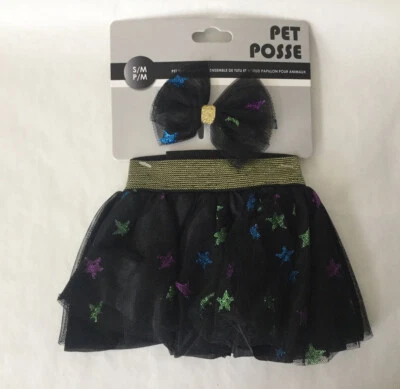 NEW Pet Posse Black Stars TUTU & BOW SET Puppy / Dog Sz S / M  (C12-6) - Image 1 of 3
