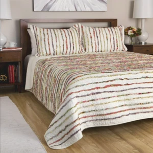 Queen Size 100% Cotton Shabby Chic White Multi 3 Pc Quilt Set Machine Wash Shams - Picture 1 of 6