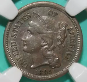 1884 Proof Three Cent Nickel - NGC Proof AU Details Envionmental Damage - 3CN - Picture 1 of 4