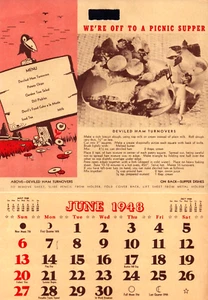 Vintage 1948 June Cooking Club Calendar Page Pocket Recipes Menu - Picture 1 of 2