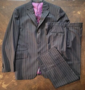 Etro Milano Suit Mens 42R 34W EU 50 Black Aquatic Paisley Pinstripe Silk Wool - Picture 1 of 24