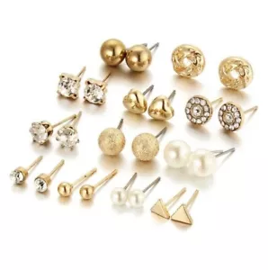 Wholesale Set Of 12 Pairs Heart Pearl Ear Studs Earrings Gold Crystal Shinny UK - Picture 1 of 4