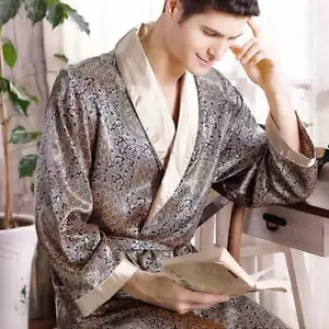 Mens Satin Silk Robe Long Dressing Gown Kimono Bathrobe Luxury Loungewear - Picture 1 of 15