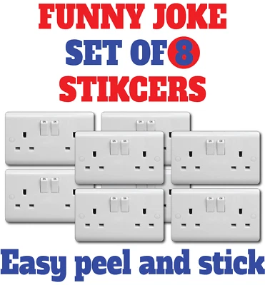 8 x FAKE POWER SOCKET PLUG STICKER DECAL STICKY BACK WATERPROOF PRANK JOKE - Image 1 of 3