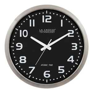 Atomic Analog Clock Metal Frame Stainless Steel Black Dial Automatic DST Change - Picture 1 of 10