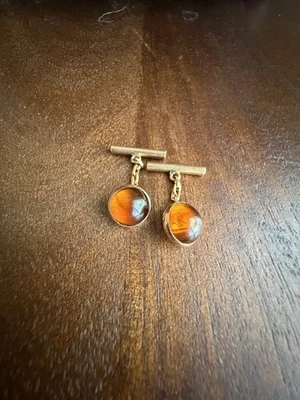 Gemelos de eslabones de cadena de oro macizo de 14K vintage ámbar cabujón joyería fina C14K Foto 1 de 3