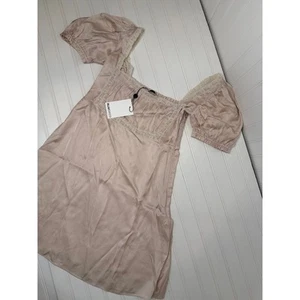 NWT Rumored Napa Valley Mini Dress Dove Square Neck Lace Smocking Size L - Picture 1 of 5