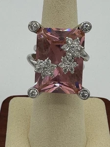Swarovski Large Emerald Cut Pink Crystal and Floral Cocktail Ring - Picture 1 of 10