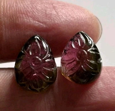 Bio Tourmaline Hand Carved Pear Amazing Carving Pair 12.49CTS For Jewelry Making - Image 1 of 3