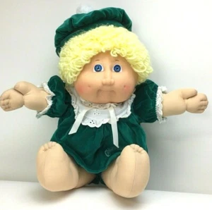 1985 Cabbage Patch Kids Doll Blue Eyes Blonde Dimples Velvet Dress Overalls Hat - Picture 1 of 12