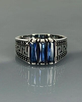 Men's 925 Sterling Silver Sapphire Stone Ring, Greek Key Design, best dad gift - Image 1 of 4