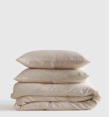 NWT QUINCE EUROPEAN LINEN KING CAL DUVET COVER SET NATURAL WHITE STRIPE MSRP$210 - Image 1 of 4