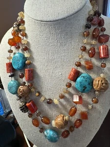 Multi Strand Beaded Necklace Faux Turquoise Coral Beachy Bohemian Festival - Picture 1 of 5