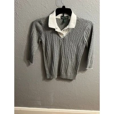 Suéteres femininos Lauren Ralph feminino ativo gola V tamanho grande cinza - Imagem 1 de 4