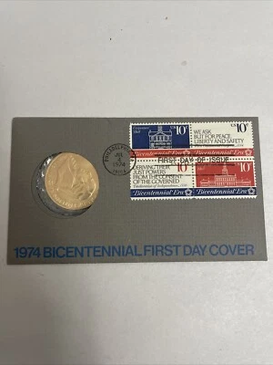 1974  BICENTENNIAL FIRST DAY COVER BRONZE  MEDAL  JOHN ADAMS  WITH STAMPS - Image 1 of 4