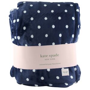 Kate Spade Fleece Throw Blanket Full Queen 98" x 92" Blue White Polka Dots