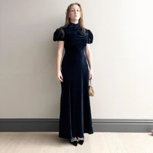 1930s antique jewel tone blue silk velvet puff sleeve maxi gown size small - Picture 1 of 5